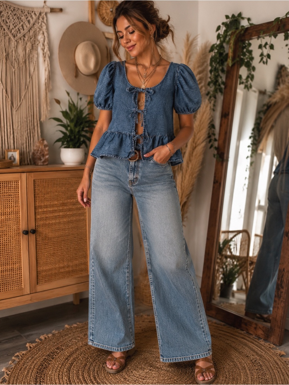 Sim & Sam Cotton Lightweight Denim Tie-Front Peplum Blouse